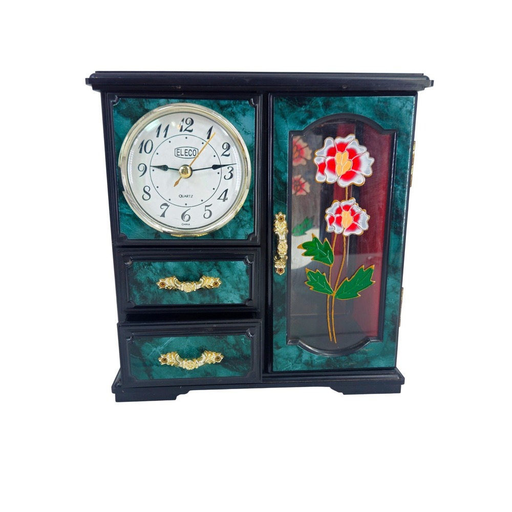 Vintage Eleco Musical Jewelry Box Quartz Clock Dancing Ballerina Floral Green